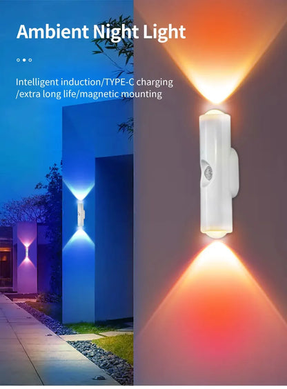 Double-head LED Night Light with Motion Sensor RGB Rechargeable Magnetic Wall Lamp Mood Ambient Light for Cabinet Hallway Stair