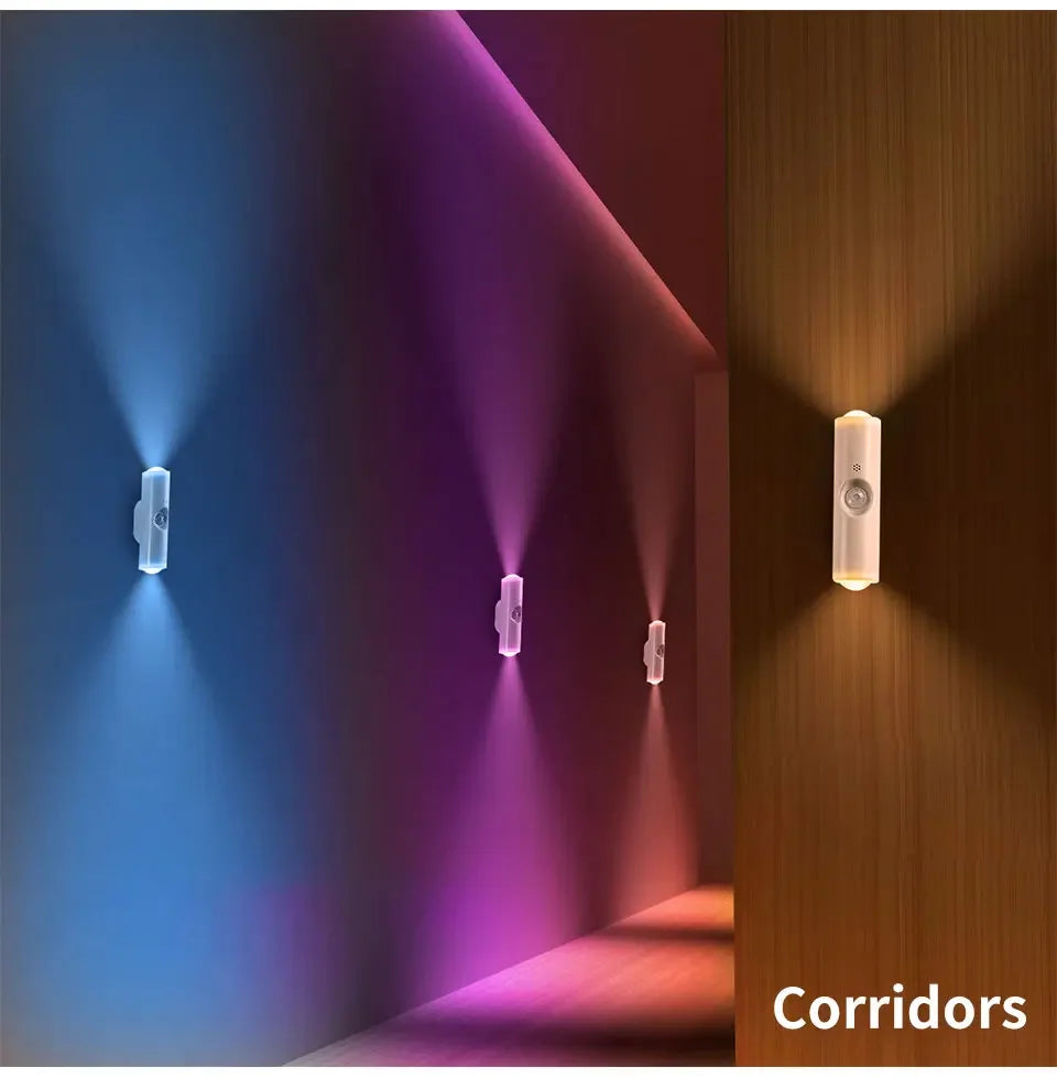 Double-head LED Night Light with Motion Sensor RGB Rechargeable Magnetic Wall Lamp Mood Ambient Light for Cabinet Hallway Stair